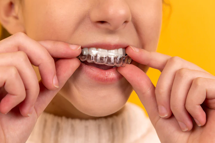 Set of clear orthodontic aligners on a reflective surface